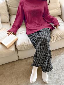 DAZY Conjunto de pijama de 2 piezas con pantalón de cuadros de manga larga holgado y cómodo para mujer - Rosa Fucsia - Ver 4