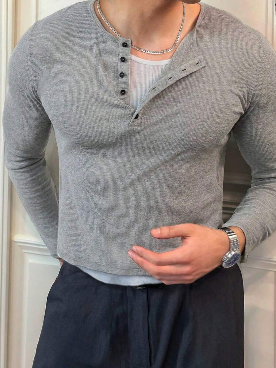 Manfinity Dauomo Men's Crew Neck Ribbed Half-Button Casual Everyday Commute Long Sleeve T-Shirt - Light Grey - View 1