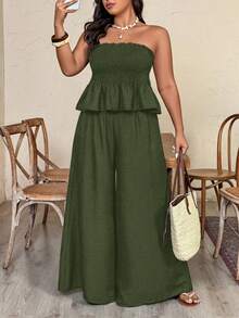 SHEIN Clasi Bộ quần ống rộng hai mảnh vải nhăn không dây viền bèo nhún cỡ lớn dành cho nữ, phong cách nghỉ dưỡng, xuân/hè - Màu xanh lá cây đậm - Xem 1