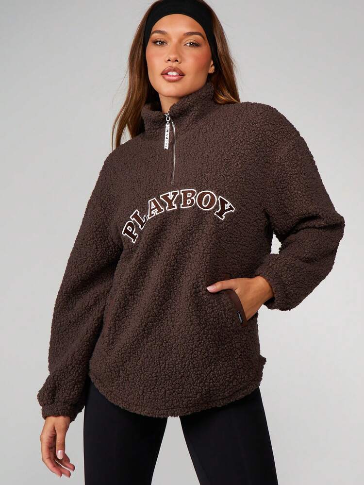 Missguided x Playboy Logo Half Zip Fleece Sweatshirt With Quarter Zip Front Closure And Centre Pocket For Casual Fall Winter Streetwear