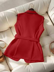 GlowEve 女士翻领系带无袖西装外套，时尚百搭，适合日常通勤 - 紅色 - 查看 2