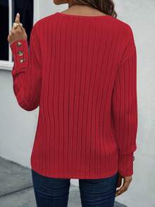 EMERY ROSE Women's Solid Color V-Neck Ribbed Casual Everyday Commute Long Sleeve T-Shirt - Red - View 2