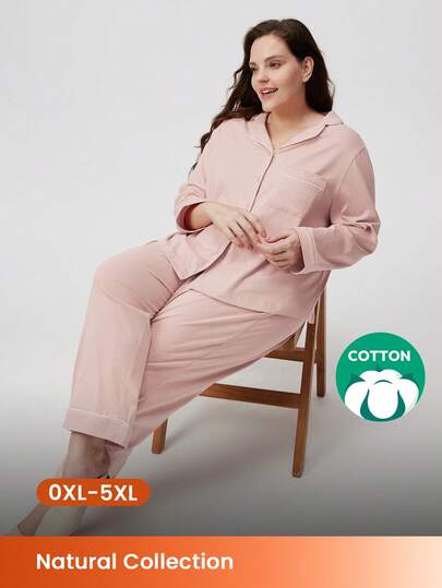 LUVLETTE Conjunto de pijama de algodón suave rosa talla grande de botones básicos para otoño e invierno, pantalones y parte superior de estar en casa