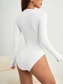 Siren Gaze Solid Ribbed Knit Bodysuit Winter White Casual White - White - View 2