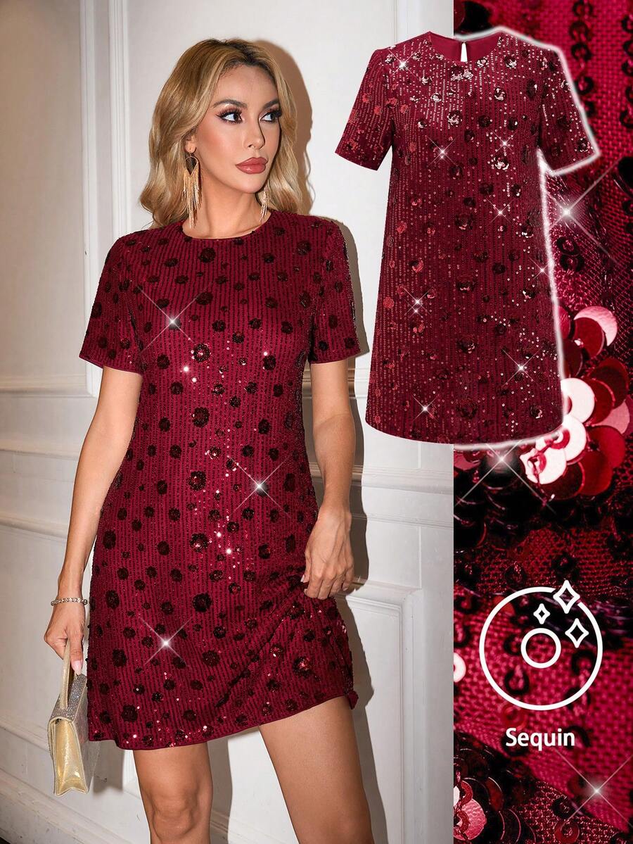 Ellevyn 亮片镂空露背束腰连衣裙 舞会礼服 约会之夜礼服 - 酒紅色 - 查看 1