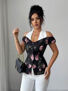 SHEIN Elenzya Spring/Summer New Elegant Women Blouse,Floral Patchwork Design,Suitable For Outing,,Party,Daily Wear,Valentine's Day,Pink And Black Blouse - Multicolor - View 5