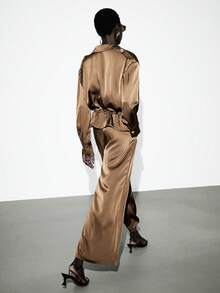 Lumivelle Women's Solid Satin Long Sleeve Drawstring Waist Shirt + Casual Wide Leg Pants 2-Piece Set Brown Satin Brown Set Women - Brown - View 2