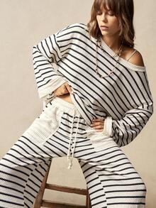 Bohemela Boho Vacation Casual Striped Loose Knit T-Shirt & Wide Leg Pants 2 Pieces Set For Women - Black and White - View 3