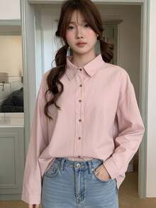 K-Vae Women's Pink Drop Shoulder Long Sleeve Single-Breasted Casual Loose Shirt - Pink - View 4