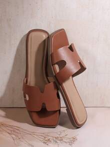 SHUZIA 女士方头露趾H型棕色PU皮时尚平底凉鞋