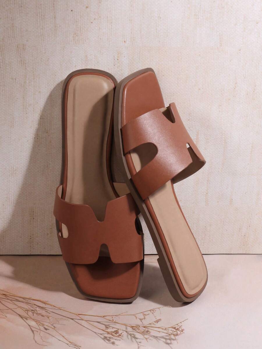 SHUZIA 女士方头露趾H型棕色PU皮时尚平底凉鞋