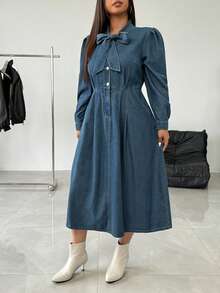 Rivivi Plus Size Women Retro American Fashion High-End Long Sleeve Tie Collar Denim Dress - Dark Wash - View 4