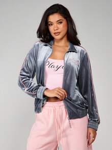 Missguided x Playboy Velvet Full Zip Track Jacket With Side Stripes And Ribbed Cuffs For Women Casual Sporty Winter Style - Multicolor - View 5