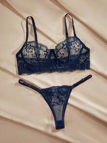 Charlaine Floral Embroidery Mesh Underwire Lingerie Set - Navy Blue - View 6