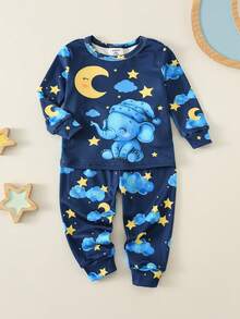 SHEIN 2pcs/Set Baby Boy/Girl Cute Casual Knit Cartoon Pattern Long Sleeve Bodysuit Pajama Set - Multicolor - View 3