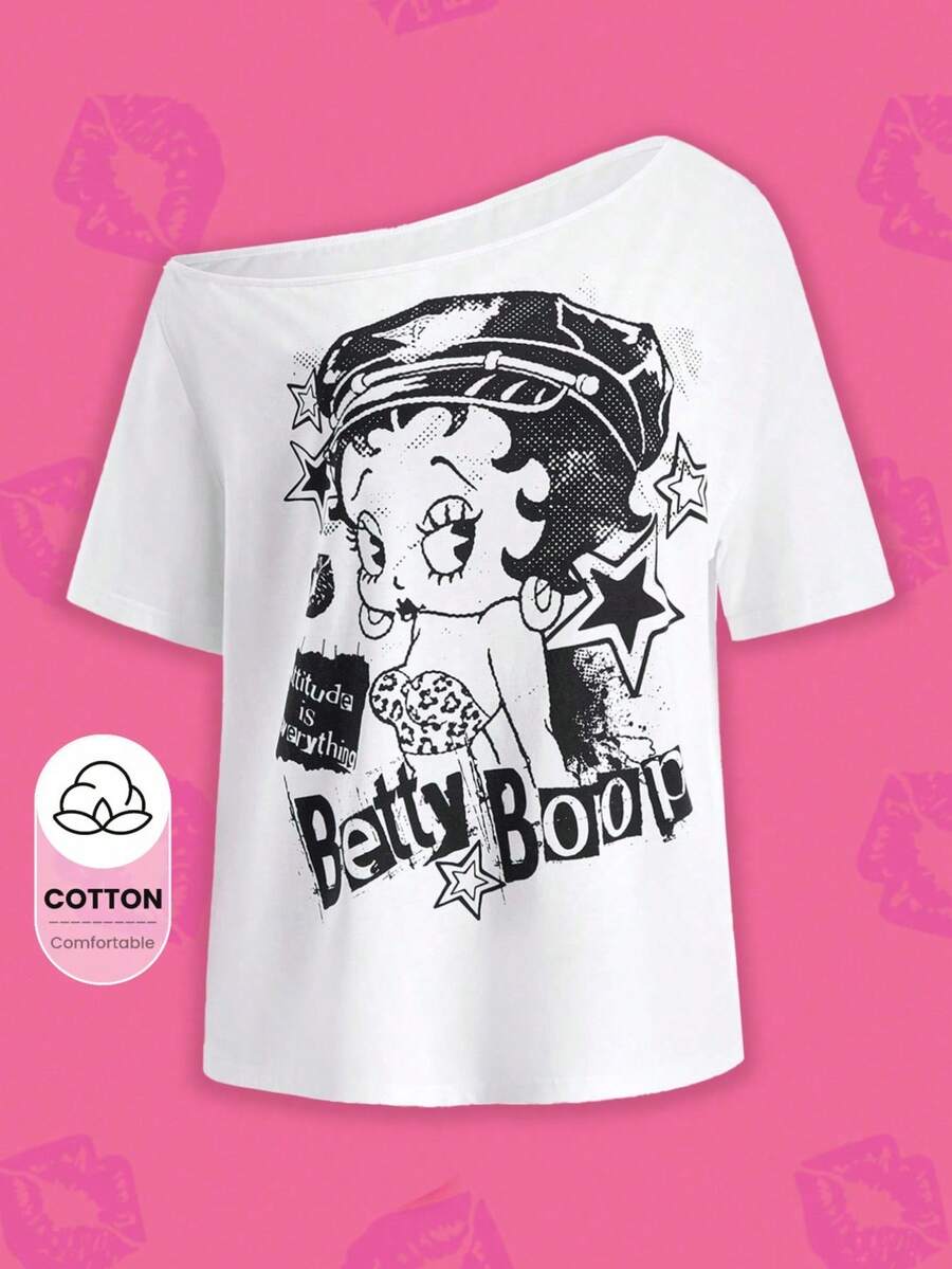Betty Boop x SHEIN 女士休闲时尚街头卡通人物、字母和星星印花不对称肩部宽松白色T恤，夏季 - 白色 - 查看 1