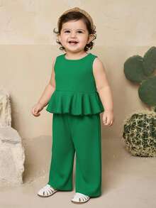 SHEIN LMoss Kids Baby Girl Summer Cute Solid Color Sleeveless Top With Elastic Waist And Loose Pants Set - Green - View 5