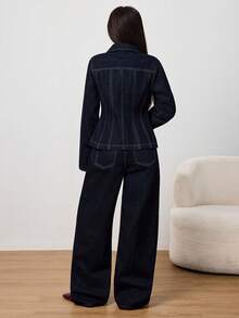 SHEIN PETITE Women's Fashionable Commuter Jacket And Wide-Leg Jeans Set, Autumn Winter Sexy Vintage-Inspired Fashionable Waist-Defining Top Straight-Leg Pants With Elastic Waistband At Back Dark-Wash Denim Two Pieces Set - Dark Wash - View 6