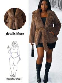 Hourglow Dollyholly86 Plus Size Solid Color Faux Fur Coat, Fashionable For Autumn/Winter Fall, For Hourglass Body Shape - Brown - View 1