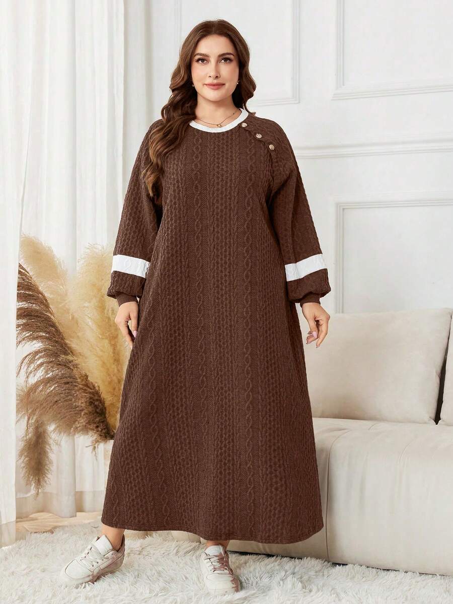 Lacomfia Plus Size Color Block Long Sleeve Casual Knit Hoodie - Brown - View 1