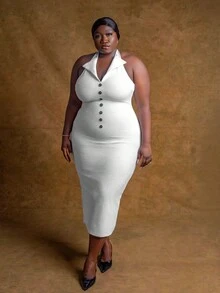 CurvyTilda 女士秋季服装，冬季加大码女士优雅简约纯色露背吊带修身连衣裙，夏季，夜店性感装扮 - 白色 - 查看 8