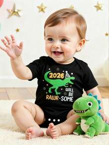 SHEIN Playful Pals Baby Boy Casual Letter & Dinosaur Print Short Sleeve Bodysuit, Suitable For Summer Outings, Home, New Year, Party - Black - View 4