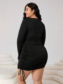 SHEIN EZwear Plus Size Women Black Round Neck Long Sleeve Drawstring Waist Fitted Dress Fall - Black - View 3