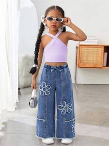 SHEIN Kleine Mädchen Loose Fit Blaue Jeans mit ausgefranstem 3D Blumen Schleifendekor, Herbst, Winter, Lässig und modisch, Urlaub, Streetwear, 2000er Jahre Stil, Weihnachtshose, Jeans, Blumenmuster, Denimhose - Mittele Waschung - Übersicht 8