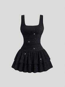 Sweetra Nuevo vestido mini ajustado y brillante con dobladillo de pastel para fiestas, para mujer, para otoño/invierno - Negro - Ver 1