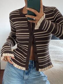 Livesso Women's Casual Striped Frill Trim Cardigan, Autumn/Winter - Brown - View 5
