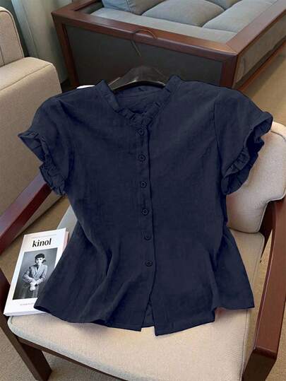 Resyla Women's Solid Color Lace Trim Single-Breasted Casual/Commute Short Sleeve Blouse