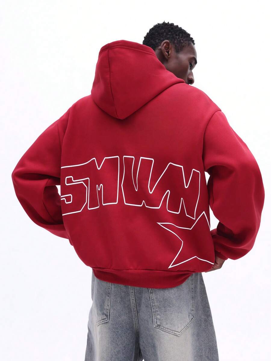 SUMWON 男士宽松全拉链连帽衫，背面饰有大星星图案，配有抽绳帽，打造休闲街头风。 - 酒紅色 - 查看 1