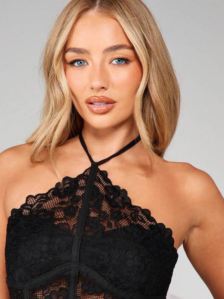 MISSGUIDED Scalloped Lace Halter Neck Corset Top With Crisscross Straps And Semi Sheer Design For Night Out Party Occasions