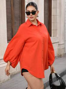 Enliva Chemise à manches longues pour femmes grandes tailles, col à revers, boutonnage simple, ourlet asymétrique, pour un usage quotidien et les déplacements - Orange - Voir 7