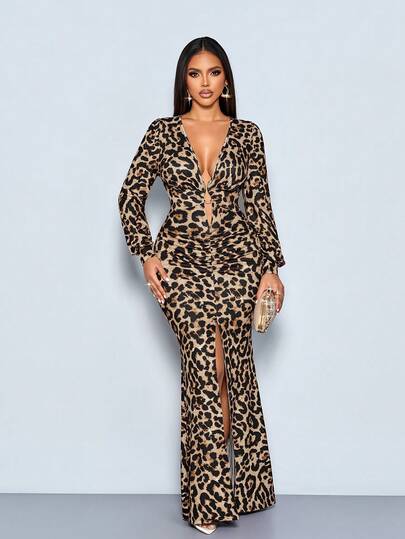 SOLERSUN Women's Elegant Leopard Print Deep V Neck Metal Decorated Long Puff Sleeve Mermaid Maxi Dress, Suitable For Christmas Party, Valentine's Day Dating, Fall/Winter