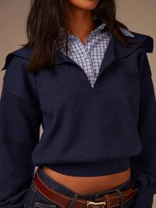 Athîral 女士休闲藏蓝色针织上衣，翻领设计，叠层款式，藏蓝色，翻领，适合秋冬季节穿着，新年必备，藏蓝色毛衣，秋季，冬季 - 彩色 - 查看 5