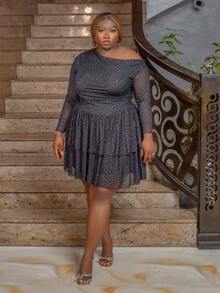 CurvyTilda Plus Size Fall Elegant Sweet Sexy Woman Black Shiny Sequin Mesh Asymmetrical Oblique Shoulder Long Sleeves Cascading Ruffle Hem Mini Dress Fairy Core Dress, For Hourglass Body Shape - Black - View 5