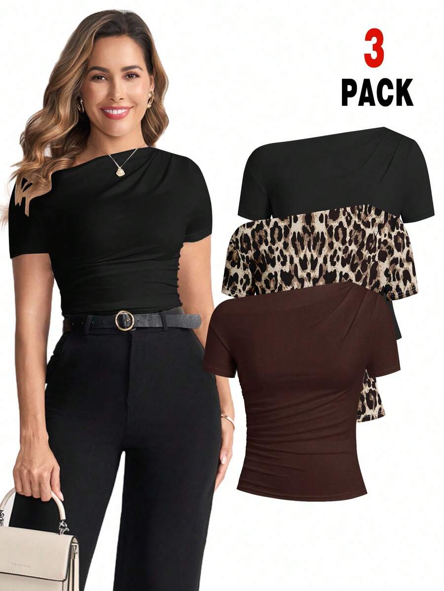 Ellevyn Asymmetric Ruched Shoulder Cutout Short Sleeve Knit Solid Tee For Women, Elegant, Spring/Summer - Multicolor - View 1