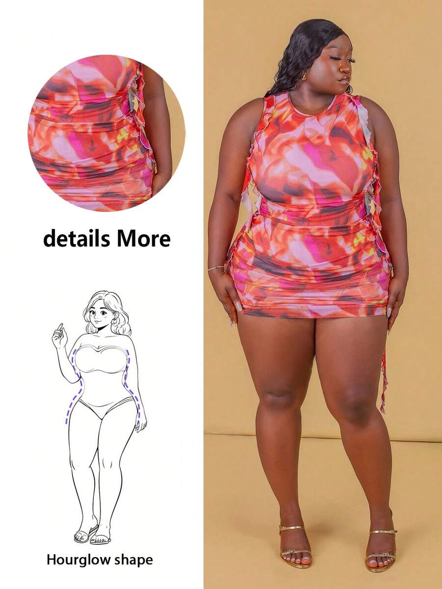 CurvyTilda Fall Clothes For Women,WinterPlus Size Women's Tie-Dye Print Pleated Patchwork Ruffle Hem Sleeveless Fitted Fashionable Dress - Red - View 1