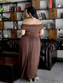 Truni 大码女式优雅超级百搭弹力面料黑色或日常穿着、派对、露肩、大码女式、A 级连衣裙、女士生日连衣裙 - 咖啡棕 - 查看 2