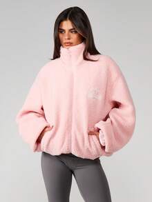 MISSGUIDED Jaket Sherpa Borg Oversized dengan Resleting, Grafis Gunung Bordir, dan Kerah Tinggi untuk Lapisan Pakaian Musim Dingin - Berwarna merah muda - View 1