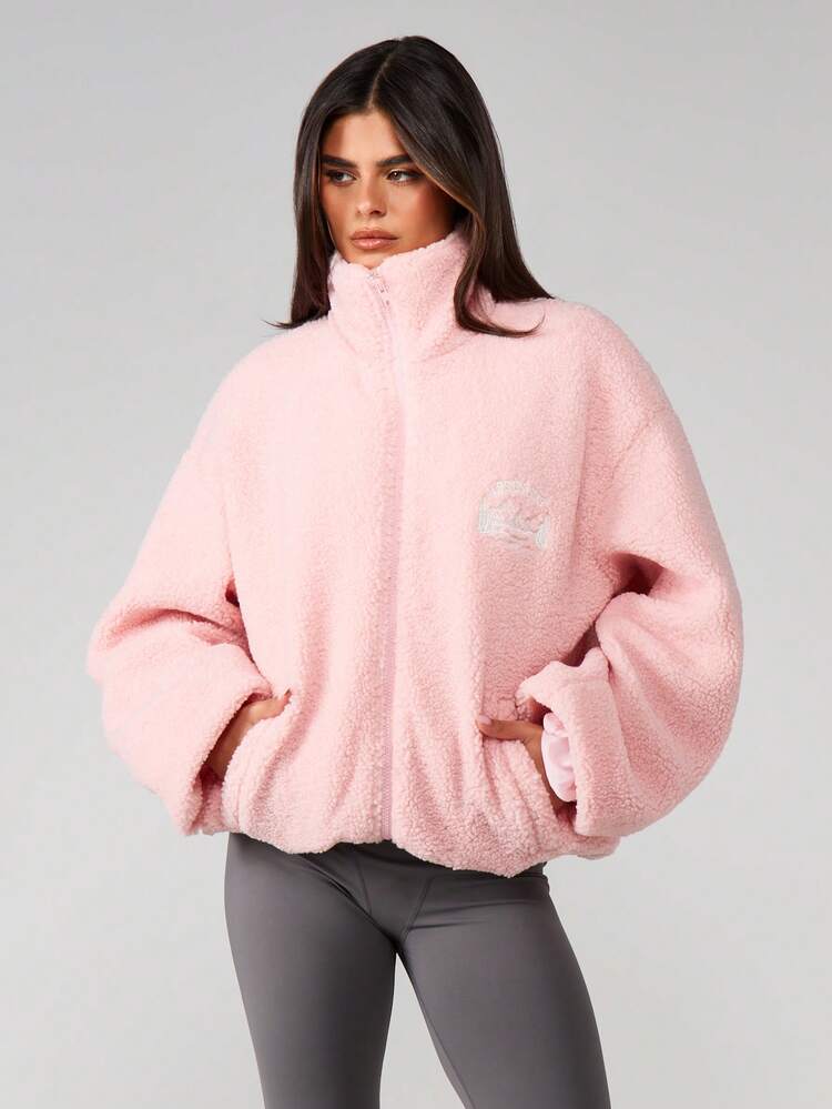 MISSGUIDED Oversized Borg Sherpa Zip Up Jacket With Embroidered Mountain Graphics And High Collar For Winter Layering