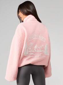 MISSGUIDED Jaket Sherpa Borg Oversized dengan Resleting, Grafis Gunung Bordir, dan Kerah Tinggi untuk Lapisan Pakaian Musim Dingin - Berwarna merah muda - View 2