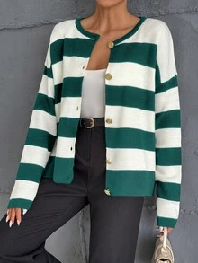 EURMUSE Elegant Contrast Color Stripe Color Block Round Neck Long Sleeve Golden Button Detailed Cardigan - Dark Green - View 2