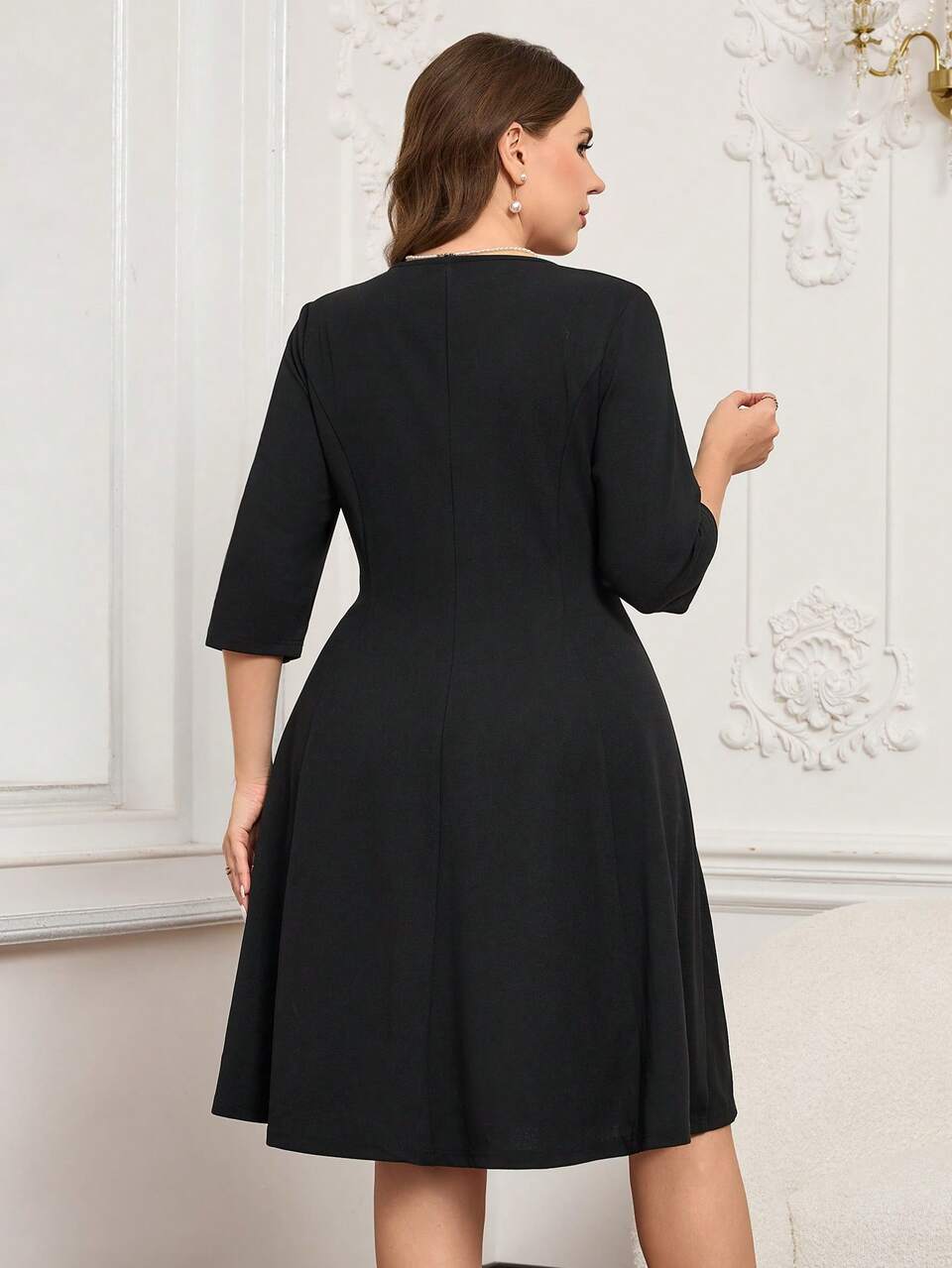 Plus Size Women Black Elegant Summer Curve Formal Cocktail Evening Midi Dress,Round Neck Hollow Pleated Fitted Minimalist Party Date Night Outfits