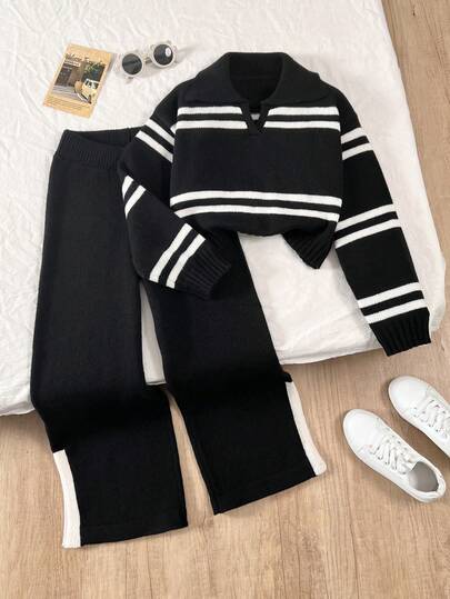Sparklyn Conjunto de suéter y pantalones para niñas preadolescentes - Nuevo suéter de punto oversize con rayas de contraste y pantalones de punto con abertura lateral ancha y ajuste relajado, para otoño e invierno