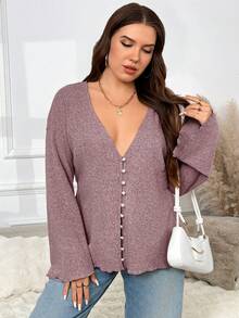SHEIN Frenchy Plus Size Solid Color Deep V-Neck Faux Pearl Front Button Elegant Long Sleeve Jacket/Winter - Red Violet - View 5