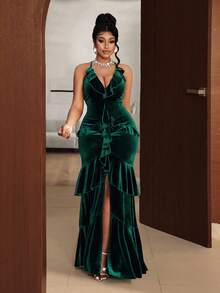 Rafferiza Đầm suông nhung trơn màu xanh lá cây thanh lịch, co giãn cao, cổ chữ V, buộc chéo sau lưng, bó sát cơ thể, nhiều lớp, xếp nếp phía trước, xẻ tà, dự tiệc, tiệc cocktail, hẹn hò lãng mạn, trang phục dự tiệc cưới, trang phục thường ngày, ngày lễ tình nhân, ngày mới đến, trang phục buổi hòa nhạc, buổi tối, sinh nhật, thiết kế độc đáo, xẻ tà, trang phục Giáng sinh, trang phục Giáng sinh cho nữ, trang phục Halloween, trang phục mùa đông cho nữ, trang phục mùa thu thanh lịch cho nữ, trang phục sang trọng, thanh lịch cho nữ, váy maxi dài năm mới - Màu xanh lá cây đậm - Xem 6