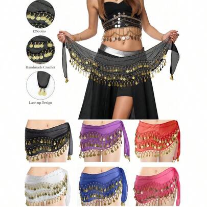 1pc Belly Dancer Hip Scarf, Sweet Belly Dance Skirt Wrapped With Coins, Egyptian Style Belly Dance Costume Hip Scarf Belt, Women Chiffon Belly Dance Scarf, Suitable For Yoga, Zumba, Belly Dance Costume Hip Scarf, Women Belly Dance Fringe Skirt, Sequin Mini Skirt For Party