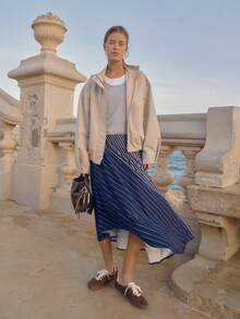 海军蓝不对称条纹中长裙，增添动感，适合节日度假、外出活动以及春夏造型。 - 藍色 - 查看 4